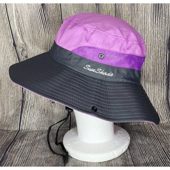 Sun Shade Wide Brim Women's OS Purple Gray Adjustable Ponytail Hole Bucket Hat - Picture 5 of 7